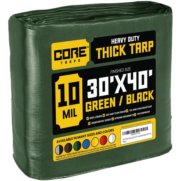 Core Tarps 40 ft L x 0.5 mm H x 30 ft W Heavy Duty 10 Mil Tarp, Green/Black, Polyethylene CT-603-30X40